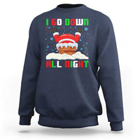Navy crewneck sweatshirt with Santa chimney graphic and "I Go Down All Night" text