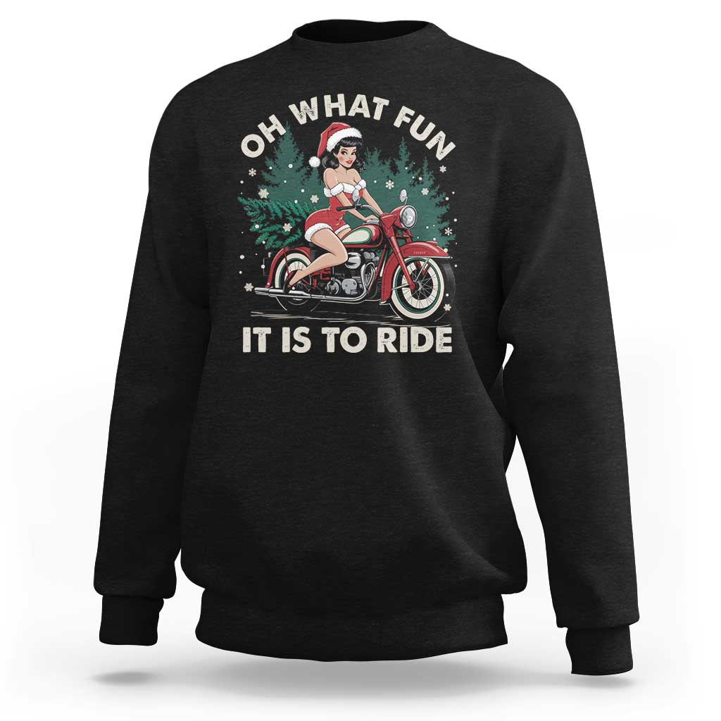 Black crewneck sweatshirt with Christmas biker graphic and 'OH WHAT FUN' front print