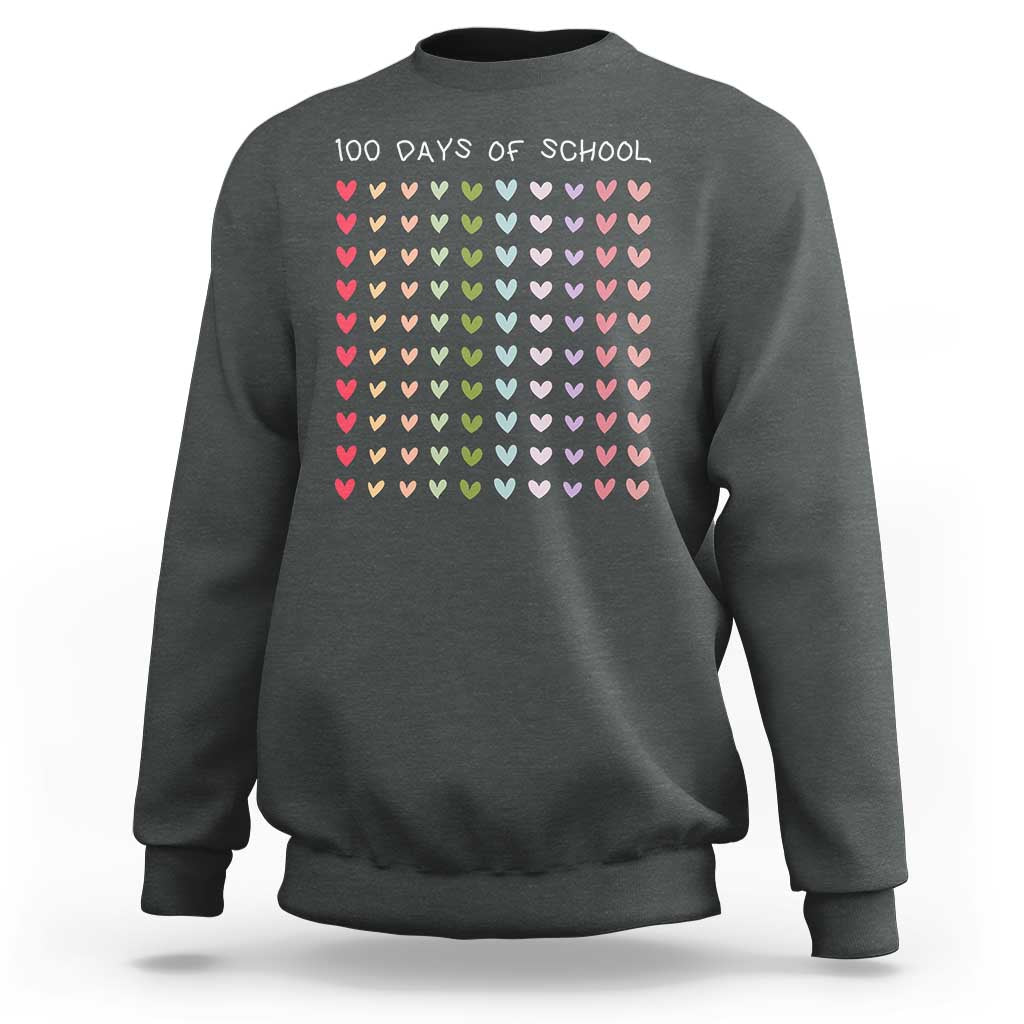 Charcoal gray crewneck sweatshirt with “100 days of school” and pastel heart grid on front