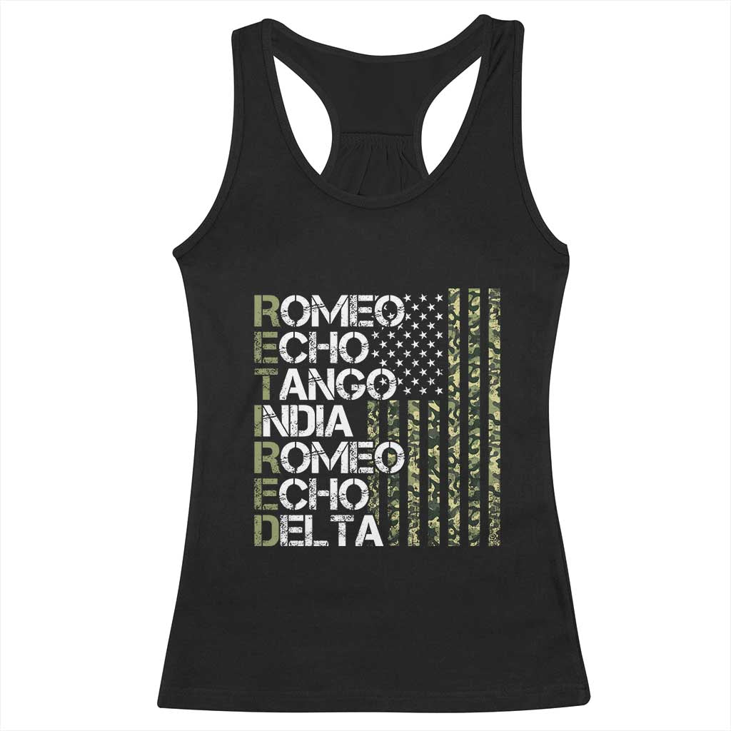 Retired 2025 Military Phonetic Alphabet Retirement Racerback Tank Top Vintage Camouflage Flag