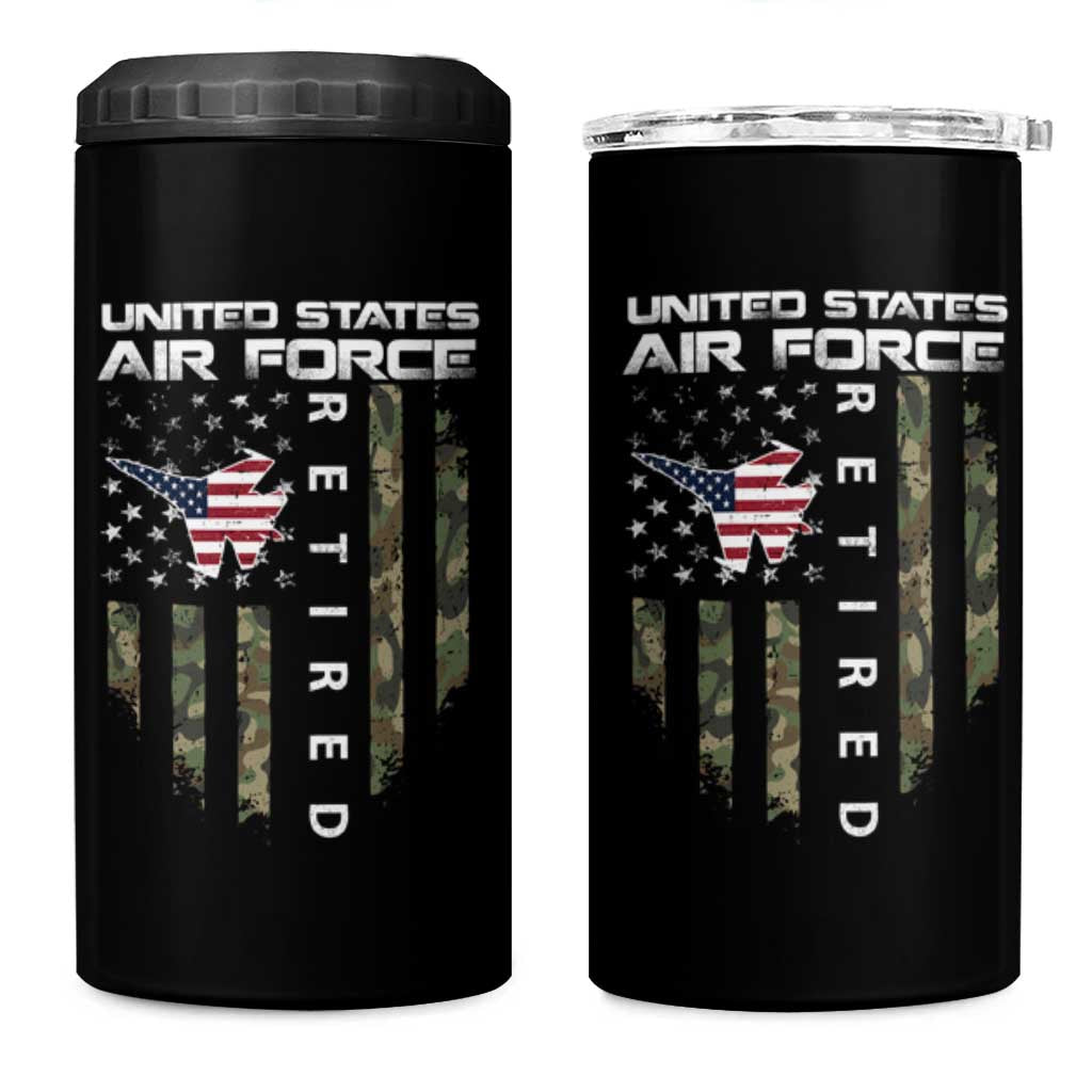 Funny United States Air Force Retired 4 in 1 Can Cooler Tumbler Camo American Flag Fighter