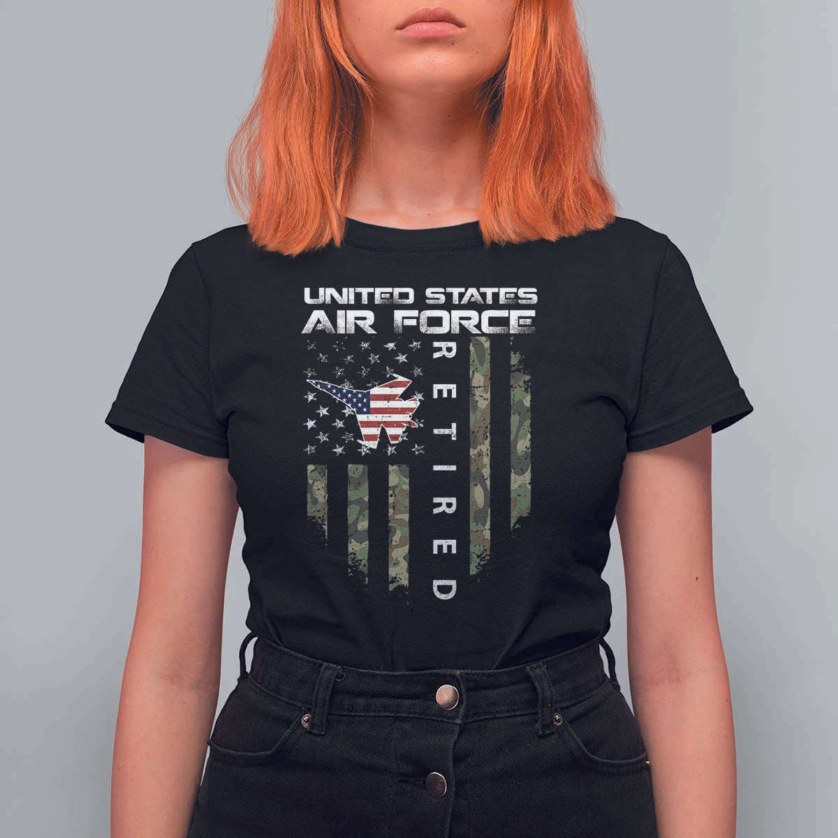 Funny United States Air Force Retired T Shirt For Women Camo American Flag Fighter