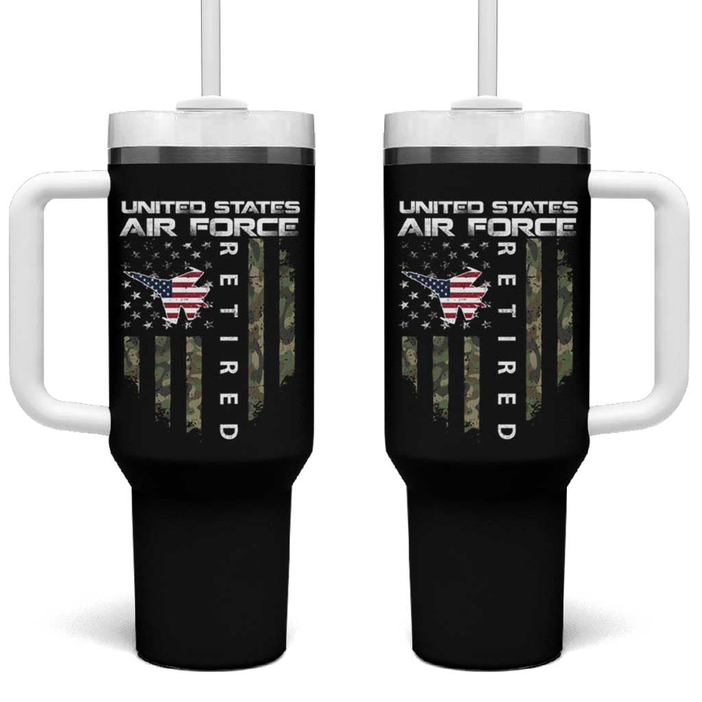 Funny United States Air Force Retired Tumbler With Handle Camo American Flag Fighter