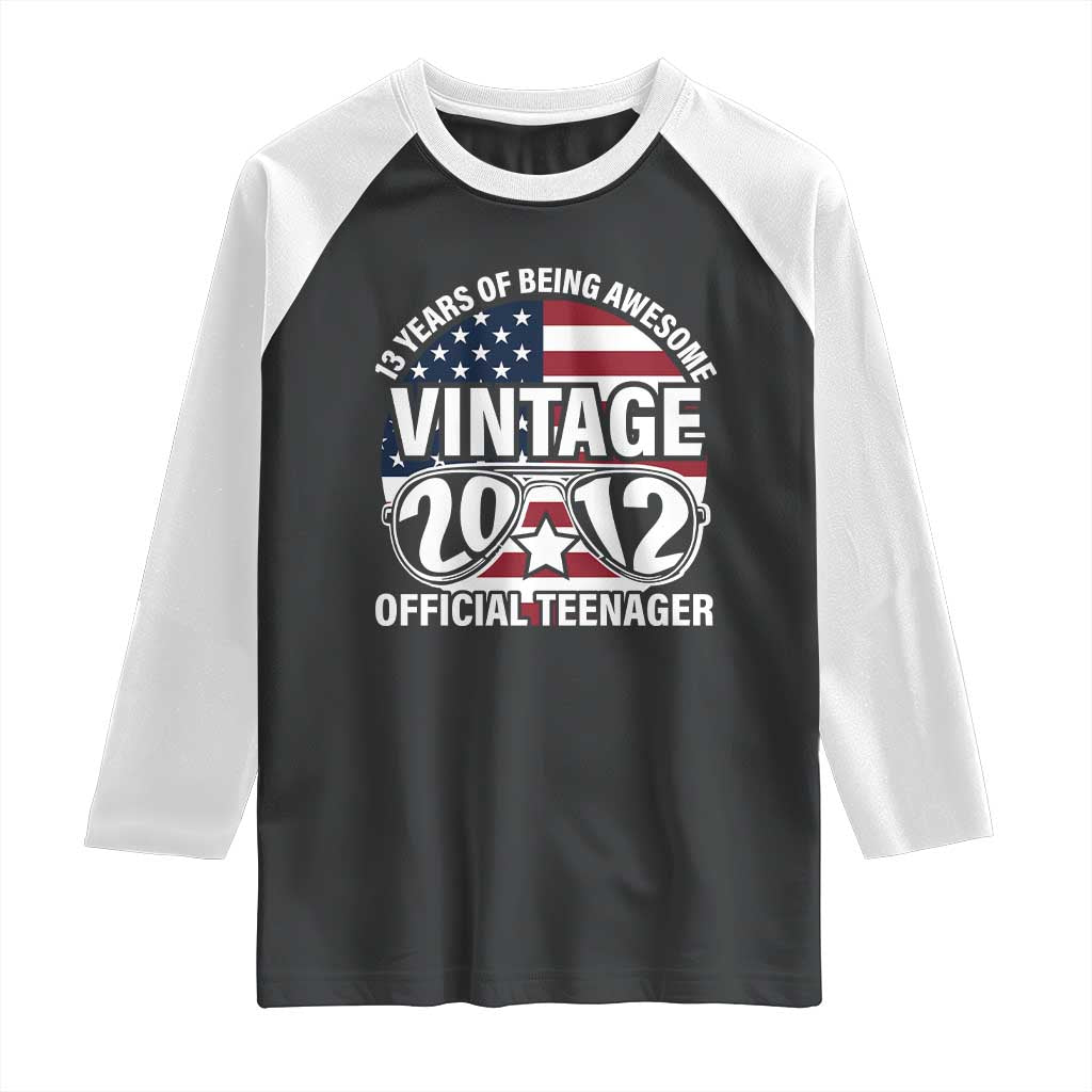 Funny 13th Birthday Raglan Shirt Vintage 2012 Official Teenager 13 Years Of Being Awesome USA Flag Sunglasses