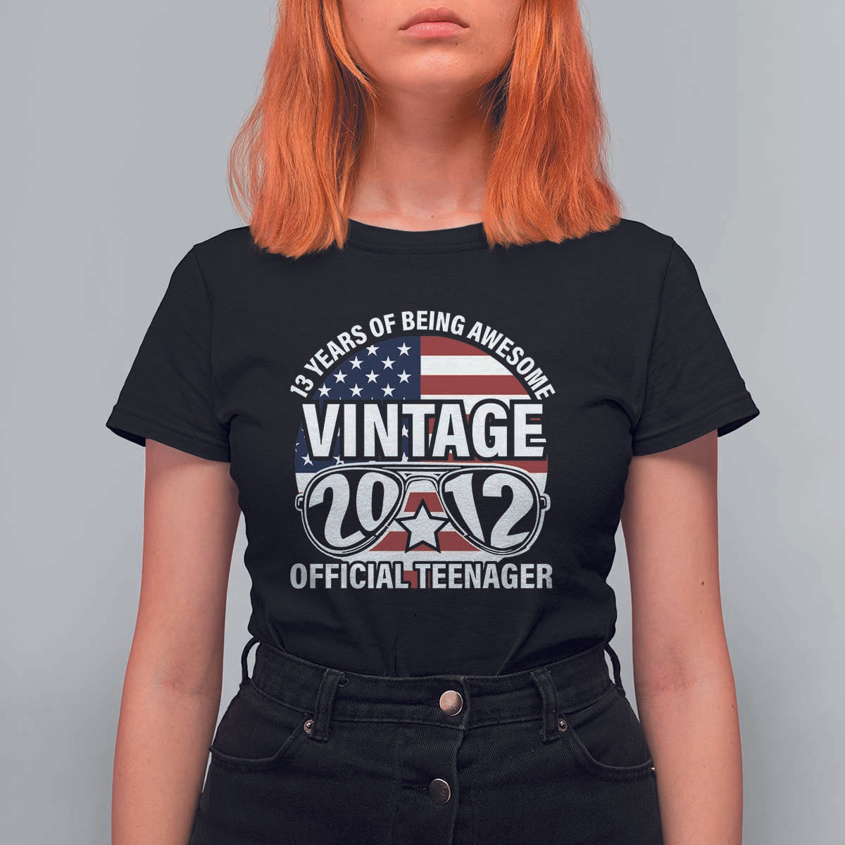 Funny 13th Birthday T Shirt For Women Vintage 2012 Official Teenager 13 Years Of Being Awesome USA Flag Sunglasses