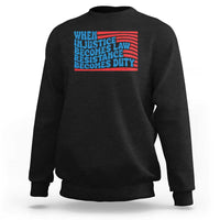 Black crewneck sweatshirt with quote graphic reading 'When injustice becomes law'