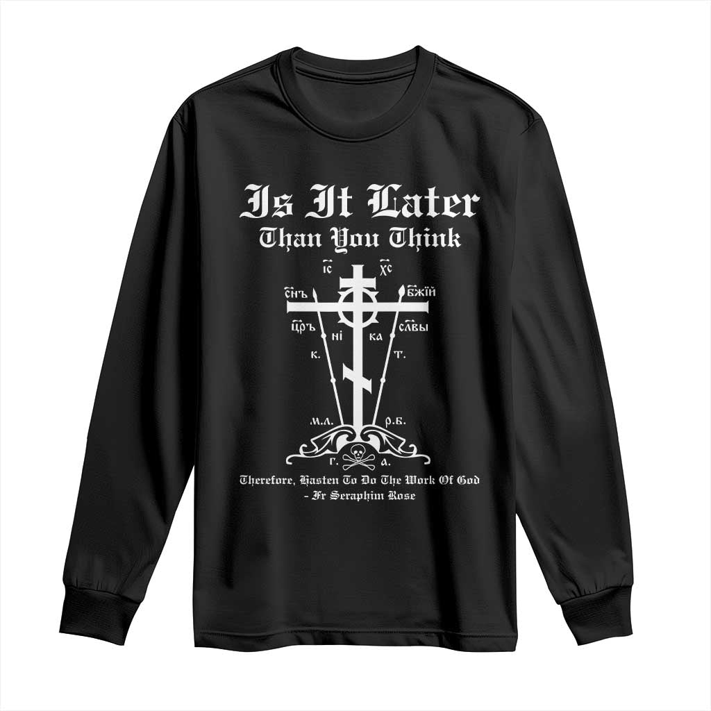 Black long sleeve shirt with front cross and scripture-style graphic print