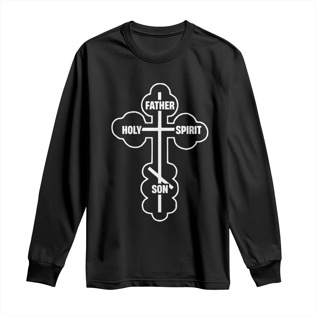 Black long-sleeve T-shirt with white Orthodox cross graphic: Father, Holy Spirit, Son