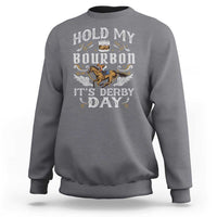 Dark heather crewneck sweatshirt with 'Hold My Bourbon' Derby Day graphic
