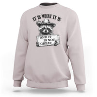 Light pink raccoon sweatshirt with black quote text and raccoon hand graphic
