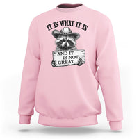 Pink raccoon sweatshirt with raccoon graphic and black quote text print