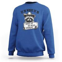 Royal blue raccoon sweatshirt with black quote text and raccoon hand graphic