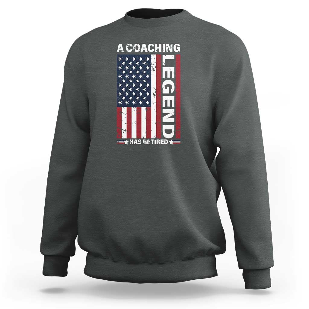 Dark heather coaching sweatshirt with American flag and vertical 'Legend' graphic