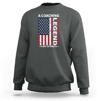 Dark heather coaching sweatshirt with American flag and vertical 'Legend' graphic