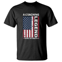 Black graphic T-shirt with retired American flag and coaching text, crew neck