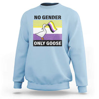 Light blue sweatshirt with “No Gender Only Goose” goose graphic on the front