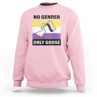 Light pink sweatshirt with “No Gender Only Goose” goose graphic on the front