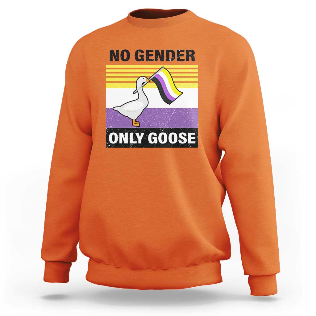 Orange sweatshirt with “No Gender Only Goose” goose graphic on the front