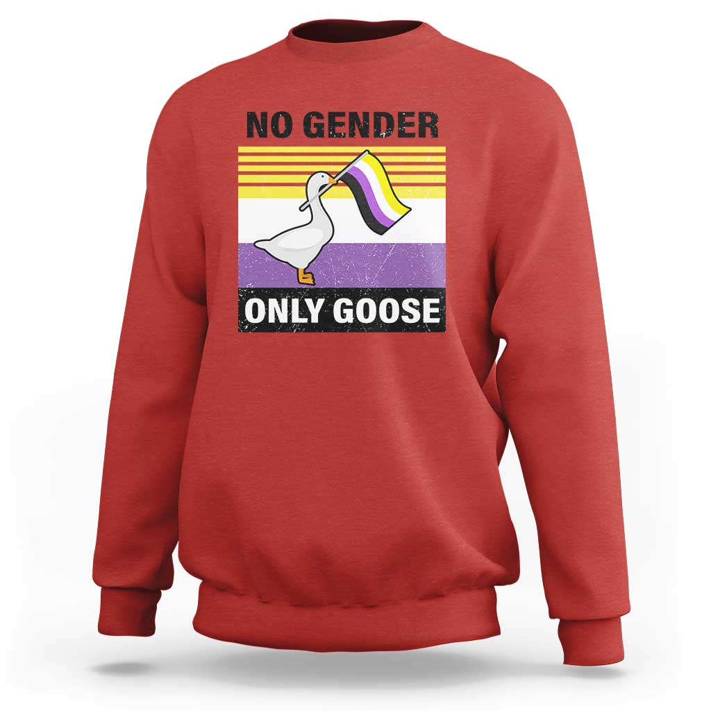 Red sweatshirt with “No Gender Only Goose” goose graphic on the front