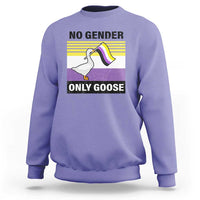 Violet sweatshirt with “No Gender Only Goose” goose graphic on the front