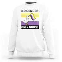 White sweatshirt with “No Gender Only Goose” goose graphic on the front