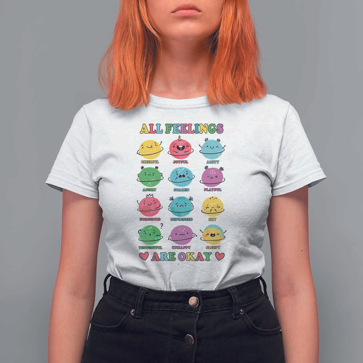 All Feelings Are Okay T Shirt For Women School Teacher Psychologist Counselor Planets Back To School - Wonder Print Shop