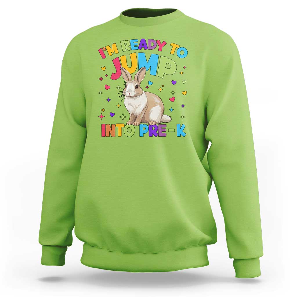 Kids sweatshirt in lime green with rabbit “Ready to Jump into Pre-K” rainbow hearts