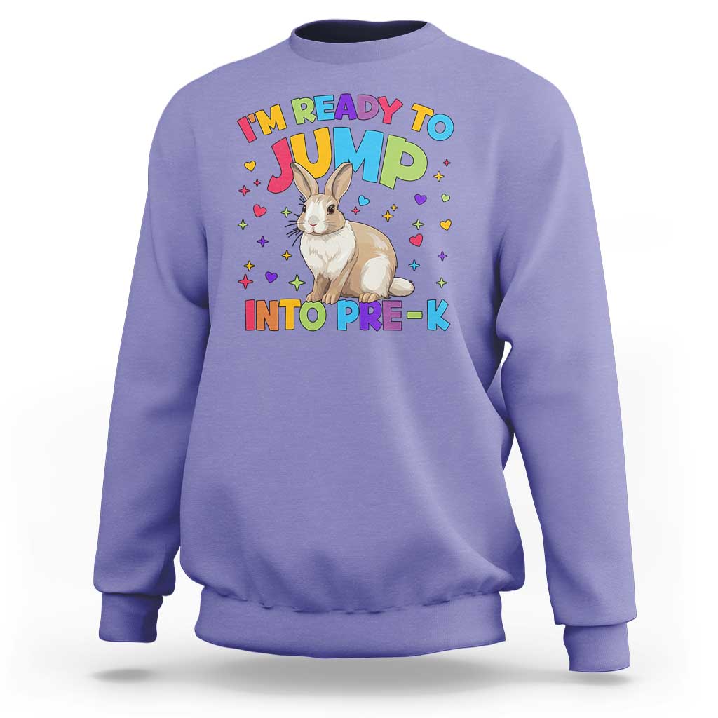 Kids sweatshirt in lavender with rabbit “Ready to Jump into Pre-K” heart graphic