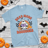 Light blue Halloween graphic T-shirt: ghost reading, rainbow, "READ MORE BOOOOOKS" print