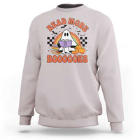 Light gray sweatshirt with cute ghost reading book graphic, "READ MORE" and "BOOOOOKS".