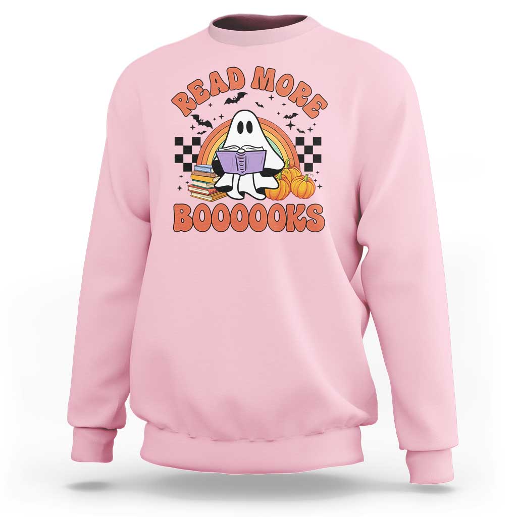 Pink sweatshirt with cute ghost reading a book graphic, "READ MORE" and "BOOOOOKS".