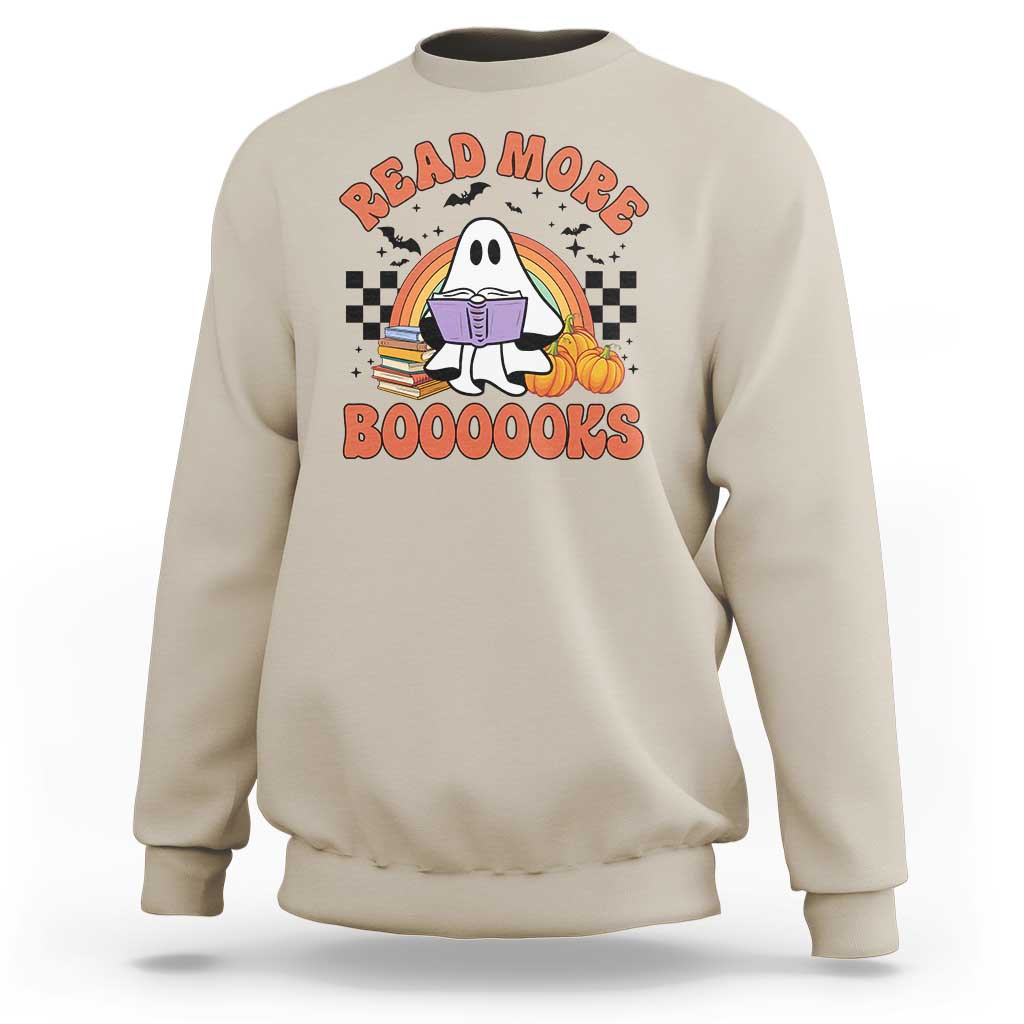 Sand-colored sweatshirt with cute ghost reading book graphic, "READ MORE" and "BOOOOOKS".