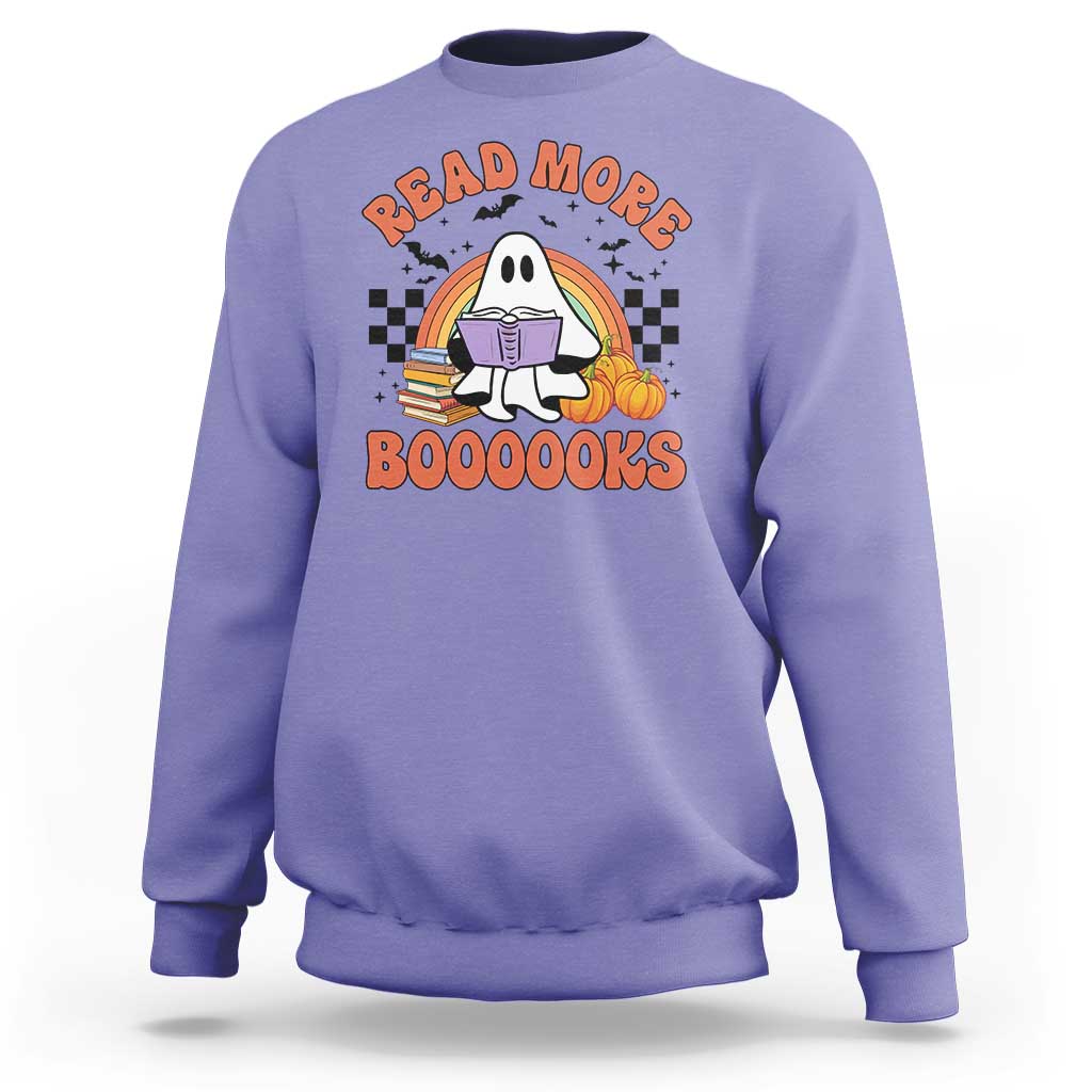 Violet sweatshirt with cute ghost reading book graphic, "READ MORE" and "BOOOOOKS".