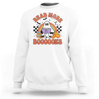 White sweatshirt with cute ghost reading book graphic, "READ MORE" and "BOOOOOKS".