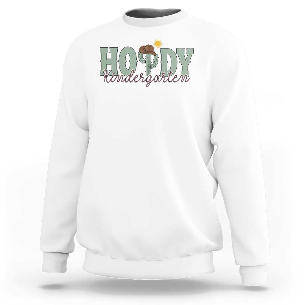 White sweatshirt with front “HO!DY” text and cactus-themed graphic, crew neck, long sleeves