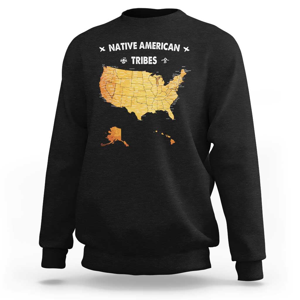 Black crewneck sweatshirt with Native American tribes map graphic on the back