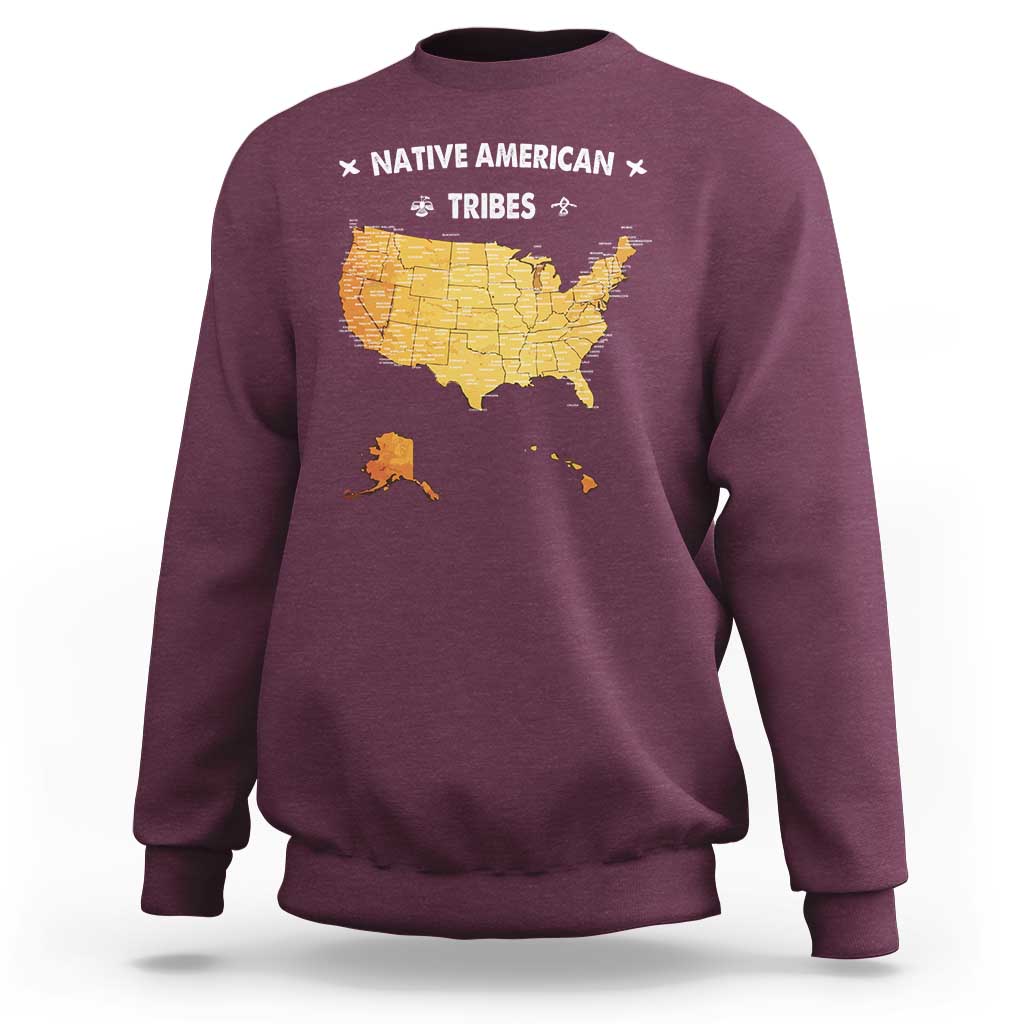 Maroon crewneck sweatshirt with Native American tribes map graphic on the back