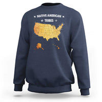 Navy crewneck sweatshirt with Native American tribes map graphic on the back
