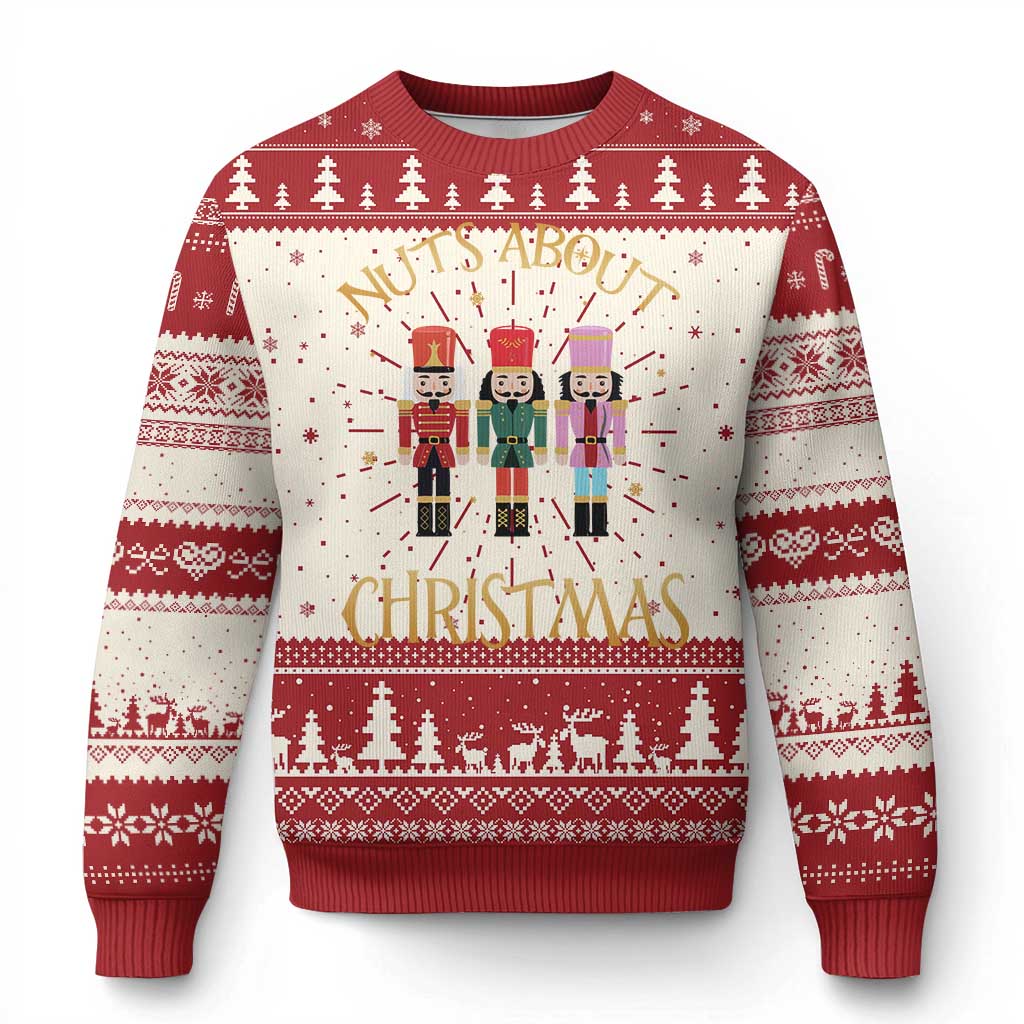 Red ugly Christmas sweater with nutcracker scene and snowflake knit pattern