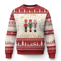 Red ugly Christmas sweater with nutcracker scene and snowflake knit pattern