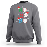 Dark heather Christmas baseball sweatshirt with Santa hat and three baseball graphics
