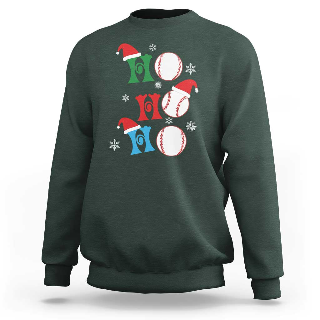 Dark forest green Christmas baseball sweatshirt with Santa hat and three baseball graphics