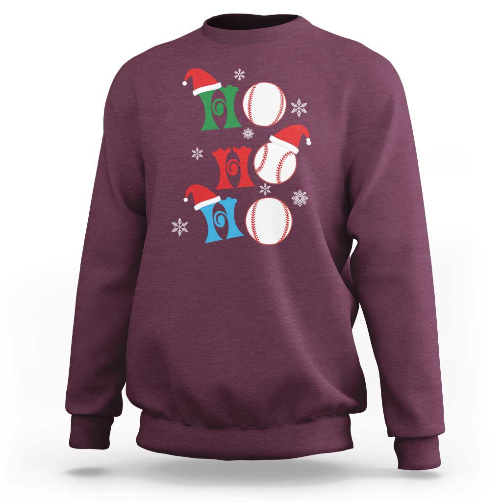 Maroon Christmas baseball sweatshirt with Santa hat and three baseball graphics on front