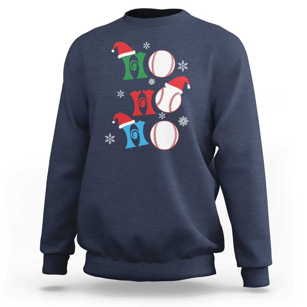 Navy Christmas baseball sweatshirt with Santa hat and three baseball graphics on front