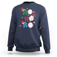 Navy Christmas baseball sweatshirt with Santa hat and three baseball graphics on front