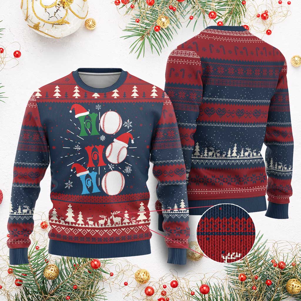 Christmas sweater with festive cartoon characters, trees, and striped knit pattern