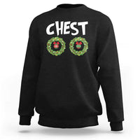 Black Christmas sweatshirt with 'CHEST' text and two wreath bauble graphics on chest