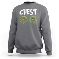 Light gray Christmas sweatshirt with 'CHEST' text and two wreath bauble graphics on chest