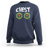 Navy Christmas sweatshirt with 'CHEST' text and two wreath bauble graphics on chest