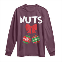 Maroon long-sleeve T-shirt with “NUTS” text and Christmas nut-and-bauble graphic